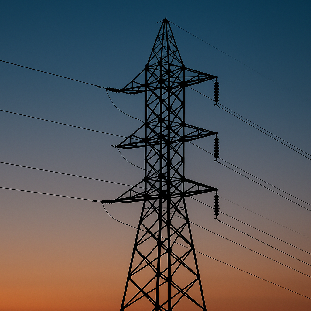 Pylône électrique en silhouette sur fond de ciel dégradé au crépuscule, symbolisant le réseau électrique européen