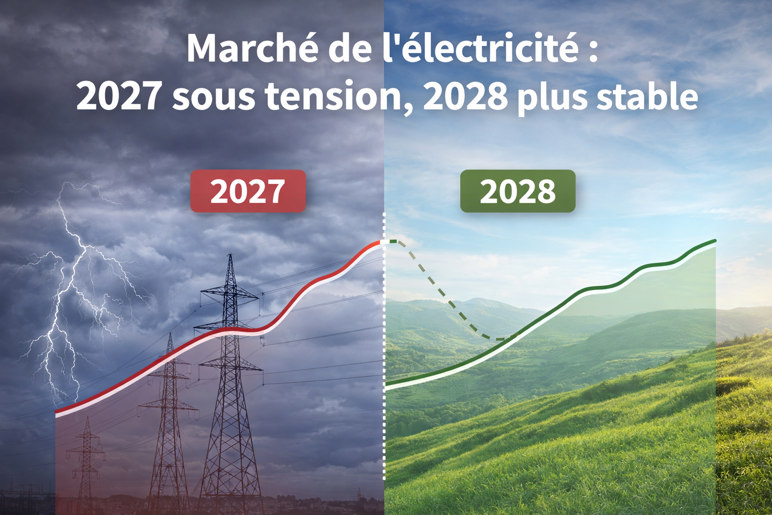 Marché de l’électricité 2027 vs 2028 avec graphique de prix et différenciation des tendances