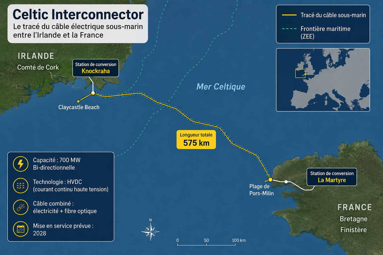 Carte du tracé du câble sous-marin Celtic Interconnector entre la Bretagne et l’Irlande