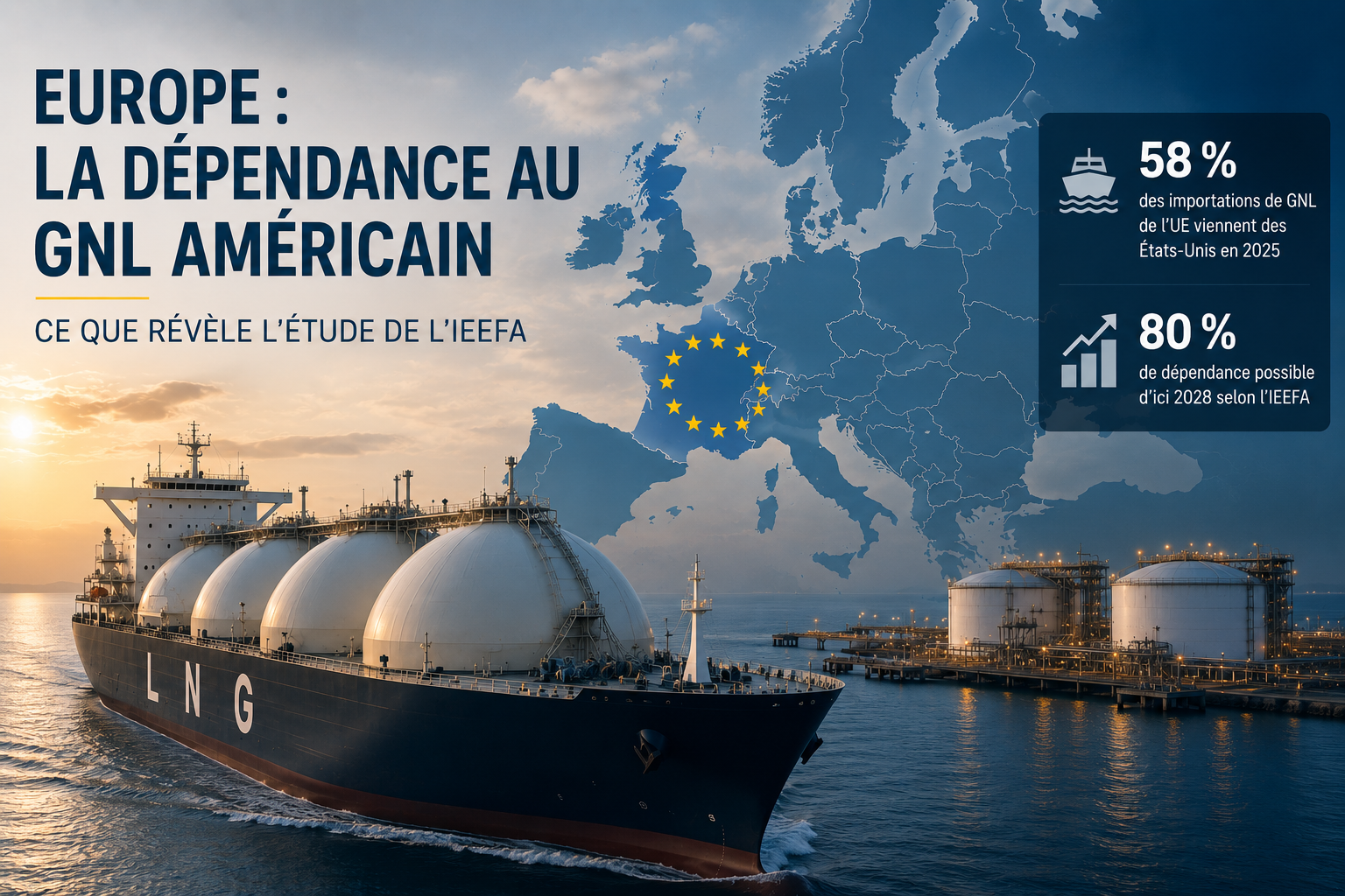 Méthanier LNG illustrant la dépendance de l’Europe au GNL américain selon l’étude IEEFA de mai 2026