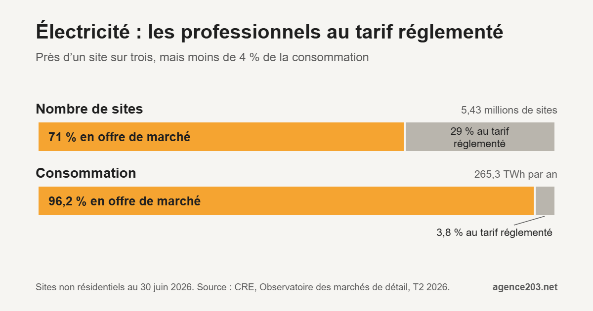 Graphique : les sites professionnels au tarif réglementé représentent 29 % des sites mais 3,8 % de la consommation d’électricité (CRE, T2 2026)